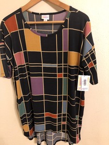 NWT-womens-Lularoe-Irma-Slinky-Top-Size-XS-Black-Multi-Color-Squares-Designs