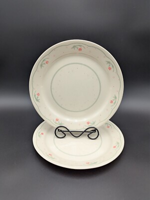 Corelle Calico Rose Set of 2 Dinner Plates ~ Beige Pink Flowers Green Dots Lines