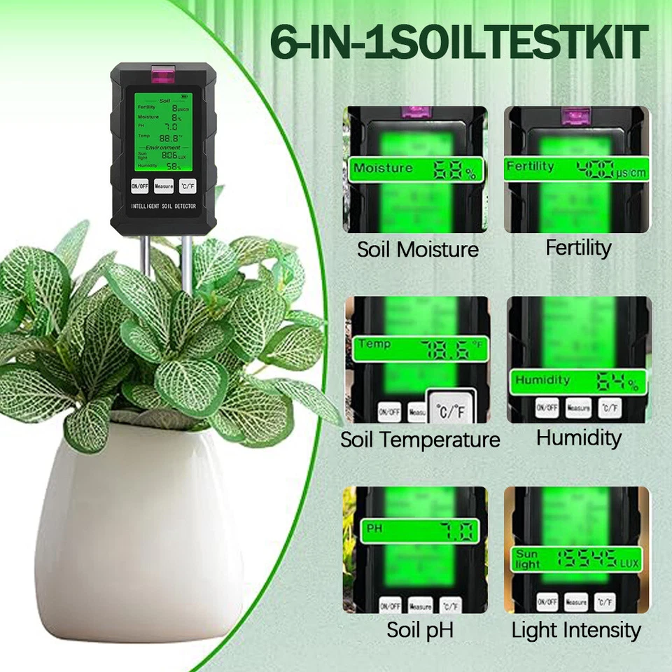 6 in-1 Bodentester Messgerät PH Wert Bodenmessgerät Pflanzen Feuchtigkeitsmesser - Bild 2 von 4