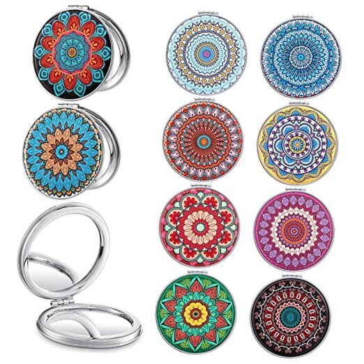 10 Pcs Mandala Round Mirror Bulk Pocket Purse Mirror with 1x/2x Magnification