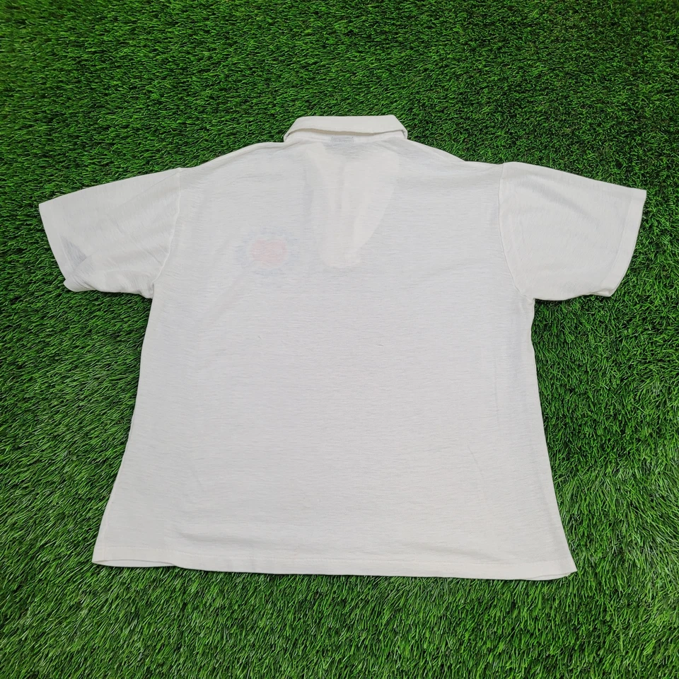 Vintage 1984 Big-Apple-Games Staff Polo Shirt M/L 21x24 White Cropped NYC - Image 2 of 4