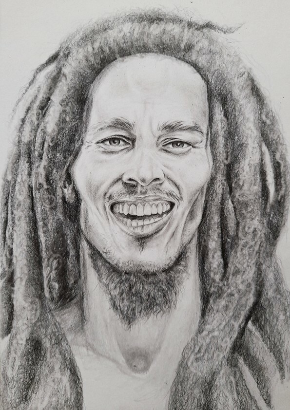 Bob Marley drawing, Graphite and charcoal pencil, A4, Framed