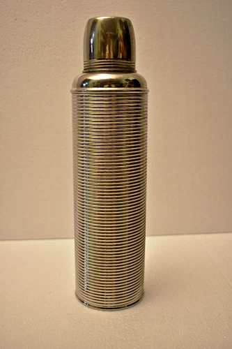 Vintage German Metal Thermos Vacuum Flask with Ribbed Design, Circa 1950s-1960s