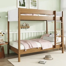 Twin Size Loft Bed Frame Wood Bed Frame with Upholstered Headboard & Ladder