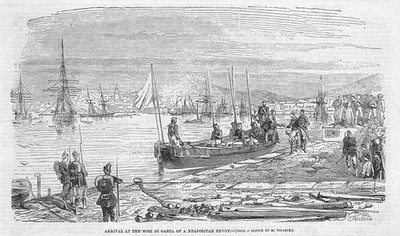 ITALIEN Ankunft am Moli de Gaeta eines neapolitanischen Gesandten - antiker Druck 1860