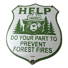Vintage Forest Service Porcelain Sign - Help Smokey Bear Prevent Fires Ad Sign