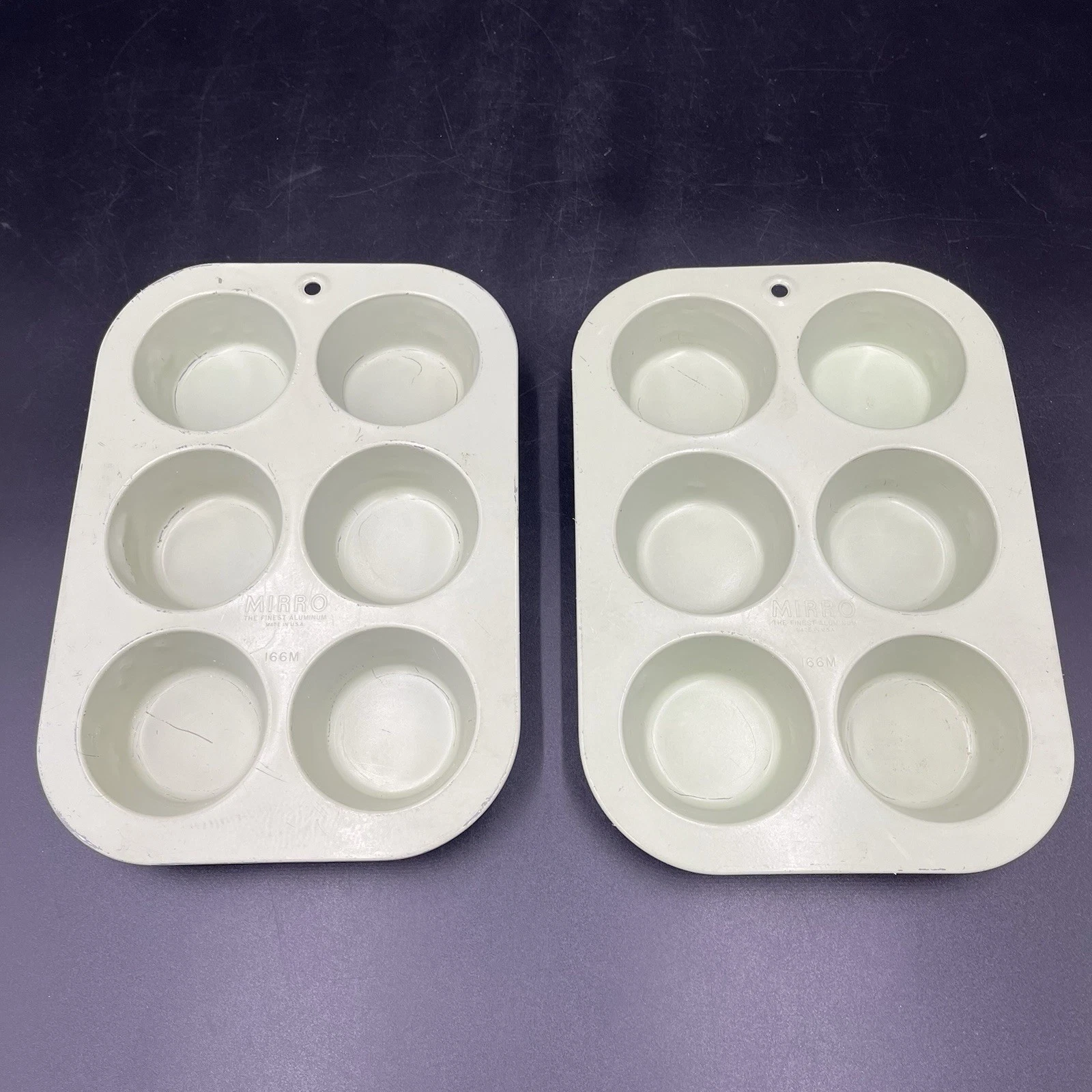 2 Vintage MIRRO 166M Mint Green Aluminum Muffin Cupcake Pan Pans 6 Hole USA