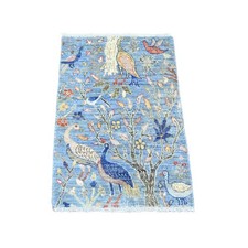 2'1"x3'1" Blue All Wool Afghan Peshawar Birds Design Hand Knotted Mat Rug R20038
