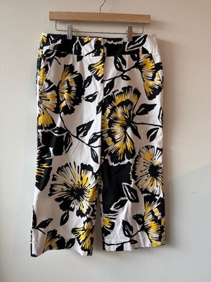 SANDRO Floral Cropped Wide-Leg Pants Women s Size 12 L High Rise White Yellow