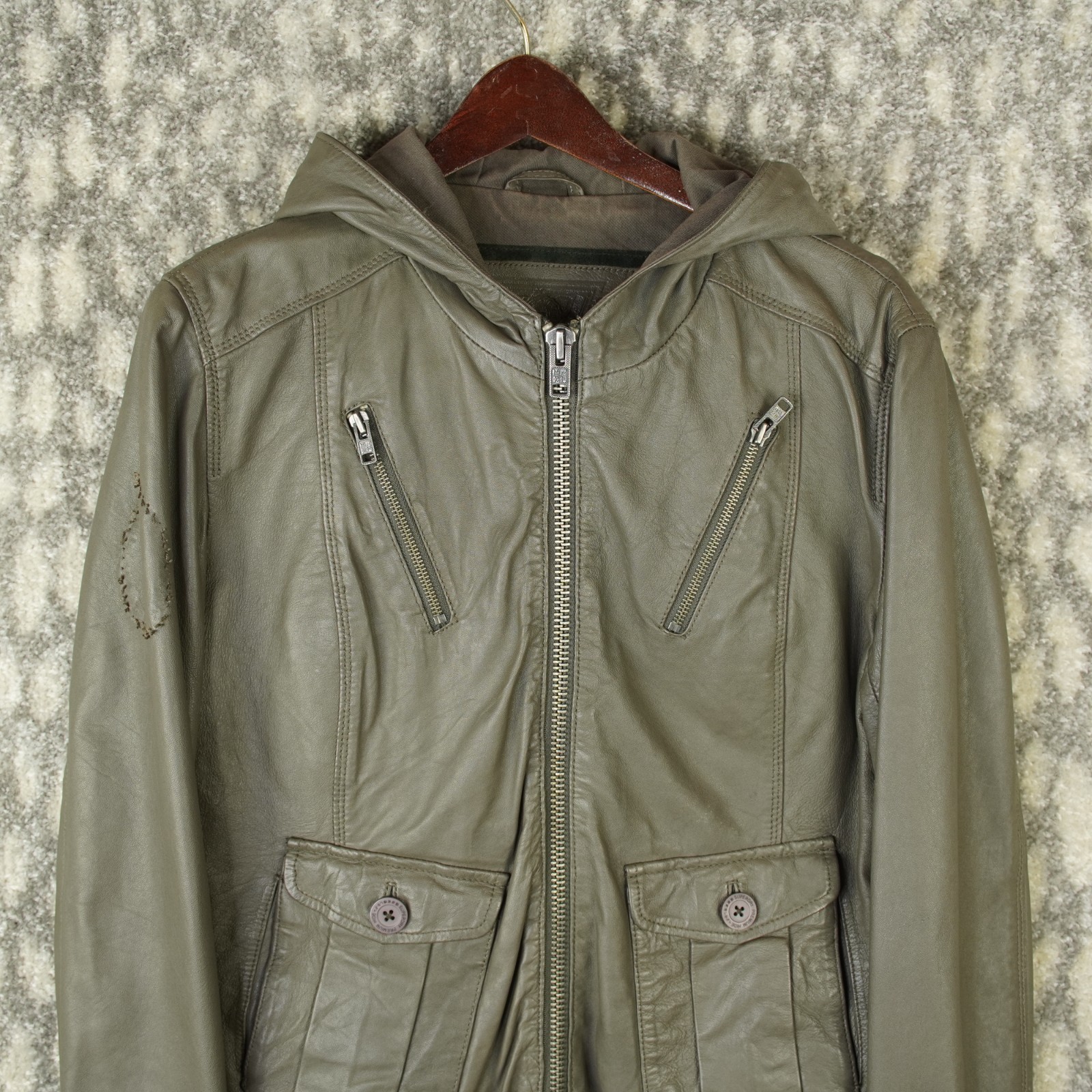 Superdry Hooded Leather Bomber Jacket Womens Size Large Green Multi-Pockets EUC image 4