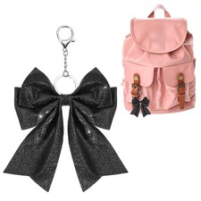 Cute Cheer Bow Keychain for Women, 6.7"x4.9" Black PU Leather Bow Cheerleader