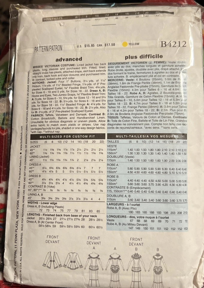 Butterick B4212 Historical Dress Sewing Pattern Size 18/20/22 Victorian Style Lg - Image 2 of 2