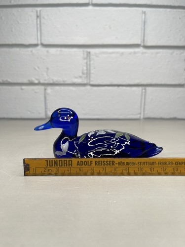 VTG Fenton Cobalt Blue Glass Duck Mallard Hand Painted Floral Signed Sticker - Picture 8 of 9