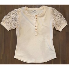 Cream Ribbed Fitted Henley Top with Floral Lace Short Sleeves Size L