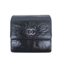 CHANEL Camellia Lambskin Triple Fold Wallet Double Snap Flap Black Silver