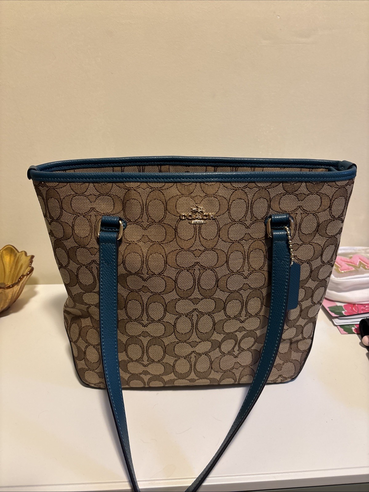COACH Signature Canvas Leather Zip Tote in Khaki & Atlantic Blue F55364
