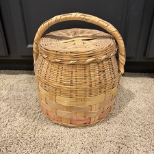Vintage Large Hand-Woven Wicker Storage Market Basket Lid Handle Split Bamboo