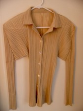 Beige ISSEY MIYAKE Pleats Please Longsleeve Collared Button Top Japan Vintage