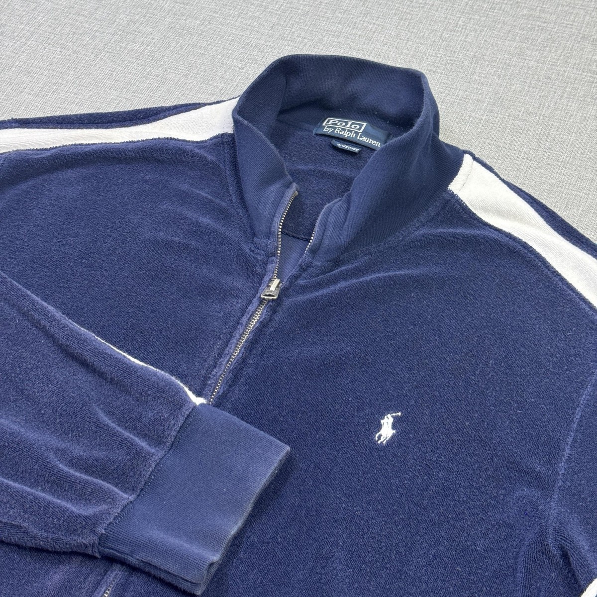 Polo Ralph Lauren Full Zip Terry Cloth Sweater Mens Large Blue