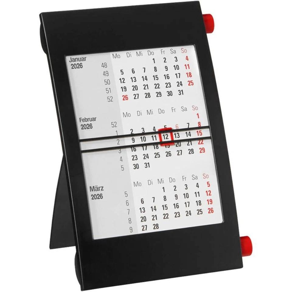 SAPHIR-TEC Drehkalender 2026/2027 Schreibtischkalender 3-Monatskalender schwarz-rot