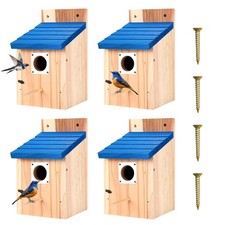 4-Pack Blue Wooden Bird Houses for Outdoors with Predator Guard, Bluebird Hou...
