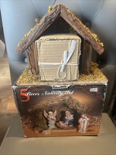 Vintage Christmas Nativity Set 5 Piece Ceramic Wooden Stable Boxed
