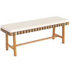 48" Long Acacia Wood Outdoor Bench w/Thick Padded Seat Cushion Entryway Bench