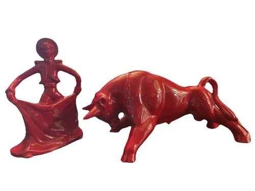 VINTAGE ROYAL HAEGER POTTERY 1955 RED BULL & MATADOR FIGURES STATUES ERIC OLSEN