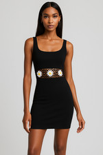 NWT FOREVER 21 Dress S Mini Black CROCHET DAISY CUT OUT Y2K KNIT Resort Mod Boho