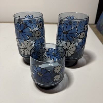 VTG Libbey Camellia Blue Floral Smoky Footed Rocks Lowball tall Glasses MCM 