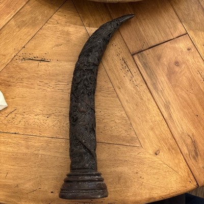 Hand Carved Asian Water Buffalo 16 Inch Horn Had Carved Asian Design