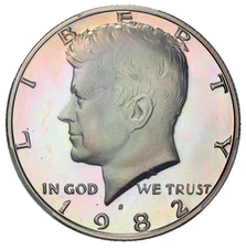 1982-S Kennedy Half Dollar PCGS PR 68 DCAM End Roll Toning Album Rainbow Toned