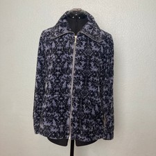 M Style&co Sport Black Blue Damask Velvet Jacket Collar Pockets  Long Sleeve