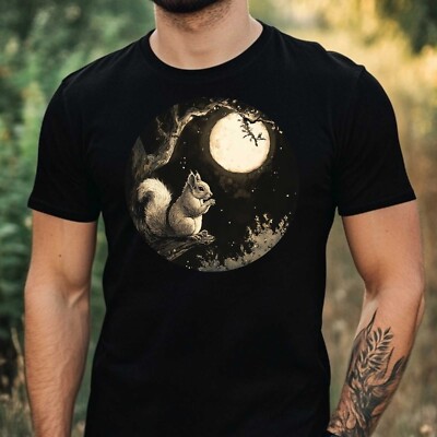 Mens Squirrel in Moonlight Motif Cotton T-Shirt Size XS to 5XL