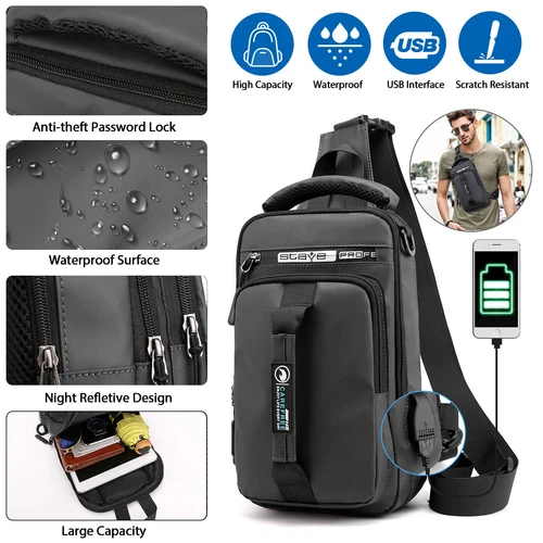 Anti-theft Men's Sling Crossbody Bag Chest Shoulder Messenger Backpack USB Port - Picture 1 of 16