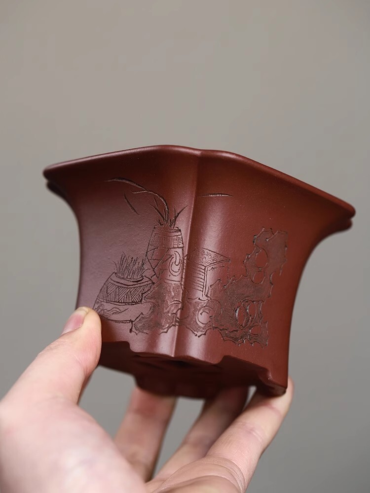 4.1in Chinese Antique Zisha Natural Clay Planter, Collectible Hand