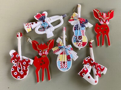 Lot of 7 Vintage Christmas Ornaments Musical Instruments Calico ...