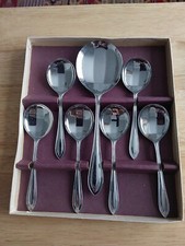 Chromium Plated Retro Set of 6 Shell Deco Design Dessert Spoons and Server - New