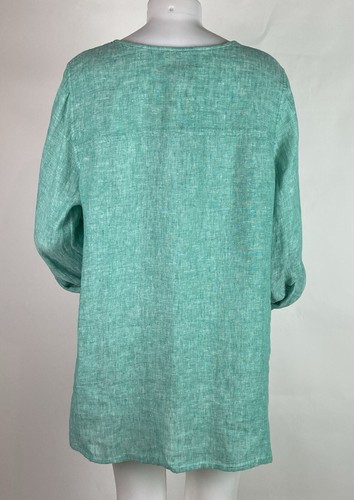 Tahari Size 1x Green 100% Linen Roll Tab Sleeve Button Down Tunic Top - Picture 6 of 8