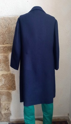 Manteau Vintage En Laine Bleue Des Années 70, Fait Main, Taille 38 - Occasion Très Bon état