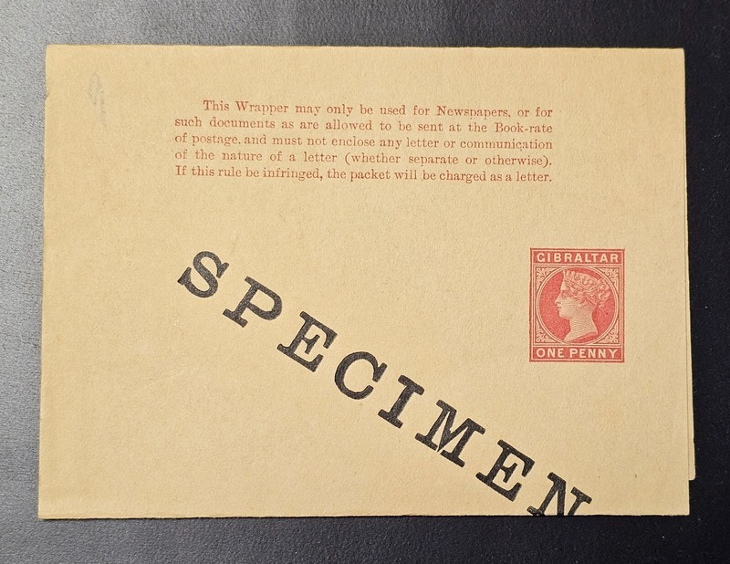 Gibraltar Queen Victoria QV SPECIMEN Newspaper Wrapper One Penny Unused Mint  