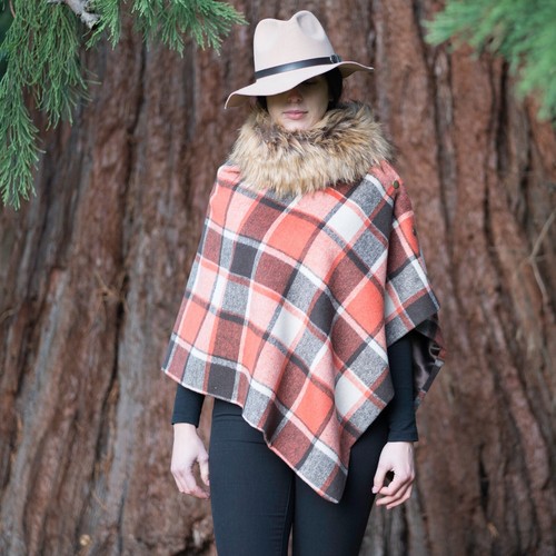 458. Handmade Orange check tweed Cape Poncho - Picture 3 of 8