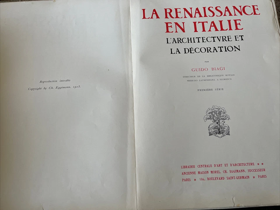 Guido Biagi LA RENAISSANCE EN ITALIE Large 1913 Book w/ Architectural Photos - Image 4 of 4