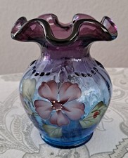 Fenton Mulberry 'Evening Blossom with Ladybug' 4" Vase Signed By George W Fenton