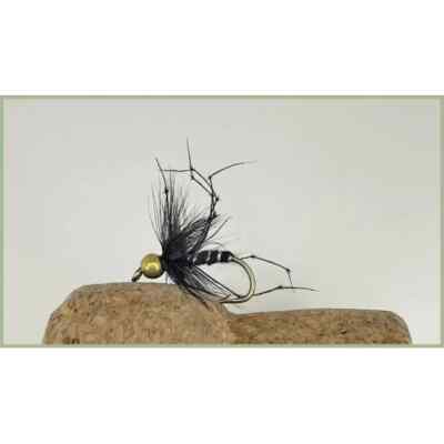 Barbless Fliegen, 3er Pack Barbless Goldhead schwarz Standard Daddy lange Beine, Größe 10