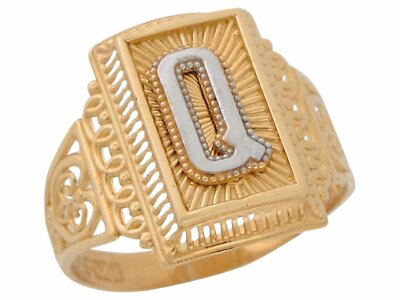 10k or 14k Two Tone Gold Letter Q Filigree Band Ladies Rectangular Initial Ring