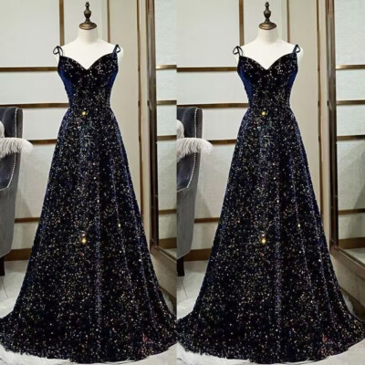 Black Evening Dress Spaghetti Straps Shiny Sequin Glitter Party Prom Bridal  Gown | eBay