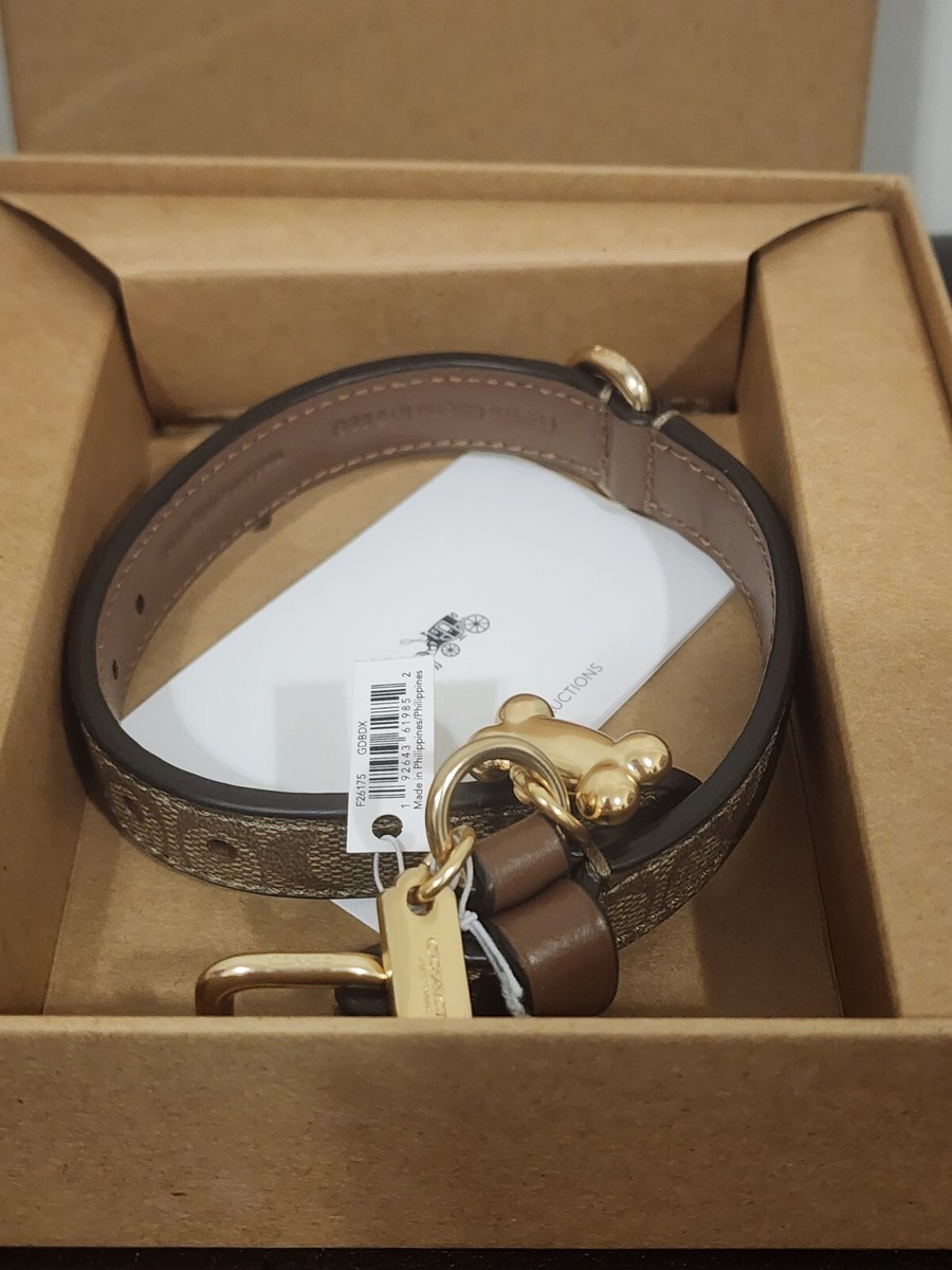 New Rare Coach Dog Collar In Khaki Saddle With Bone Charm Gold