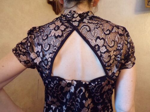 Black & Gold Lace Short Party Shift Dress Cap Sleeve Cut-Out Back, XL NEW W/TAG - Picture 3 of 10