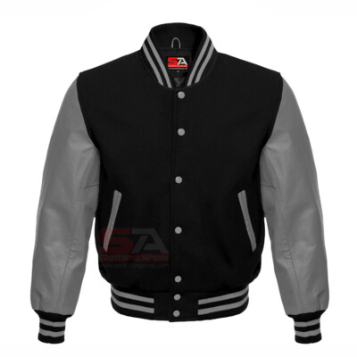 Varsity Letterman Baseball Black Genuine Gray Leather Sleeves Jackets